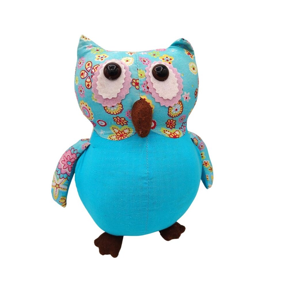 Fabric Owl Plush Turquoise Floral Patchwork Soft Decorative Boho Nursery Toy
